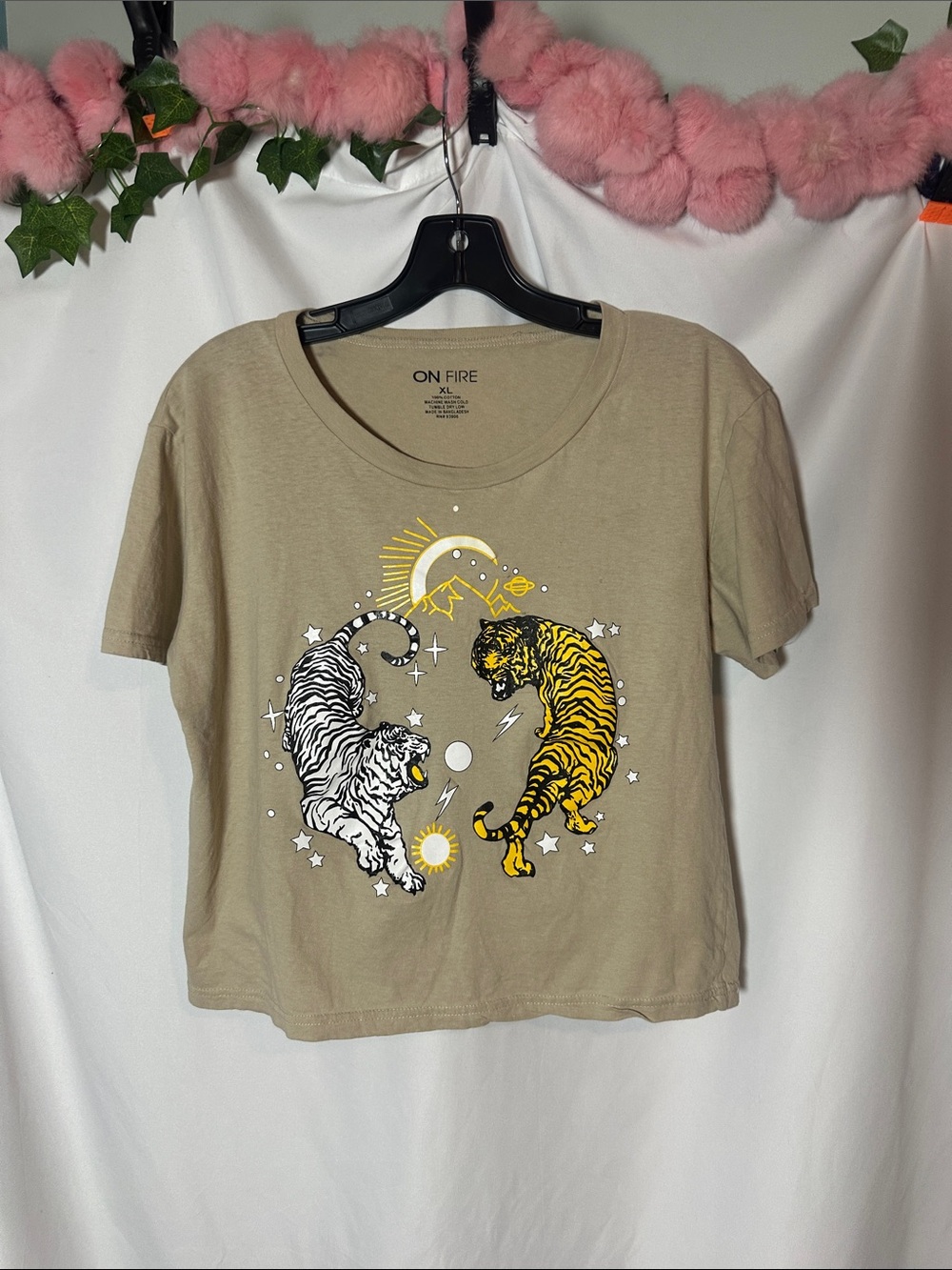 On Fire Taupe Crop Tee with Black, White and Yellow Yin Yang Tigers